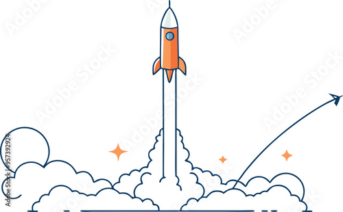 continuous single line drawing of Missile rocket launch with fire and smoke trail , line art vector illustration