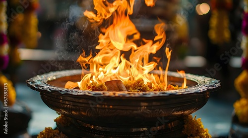 Burning Incense With Flames And Smoke In A Metal Bowl