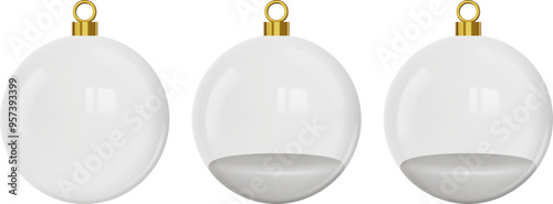 set of isolated glass christmas balls. christmas transparent baubles with snow