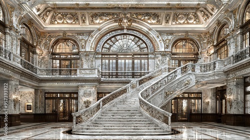  A grand staircase in a large building with two chandeliers hanging from the ceiling