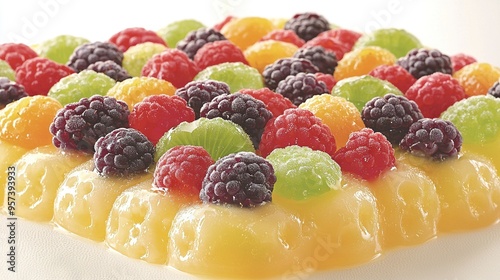  A detailed close-up photo of a colorful fruit tart resting on a pure white background, featuring an assortment of juicy red berries, ripe golden raspberries, and