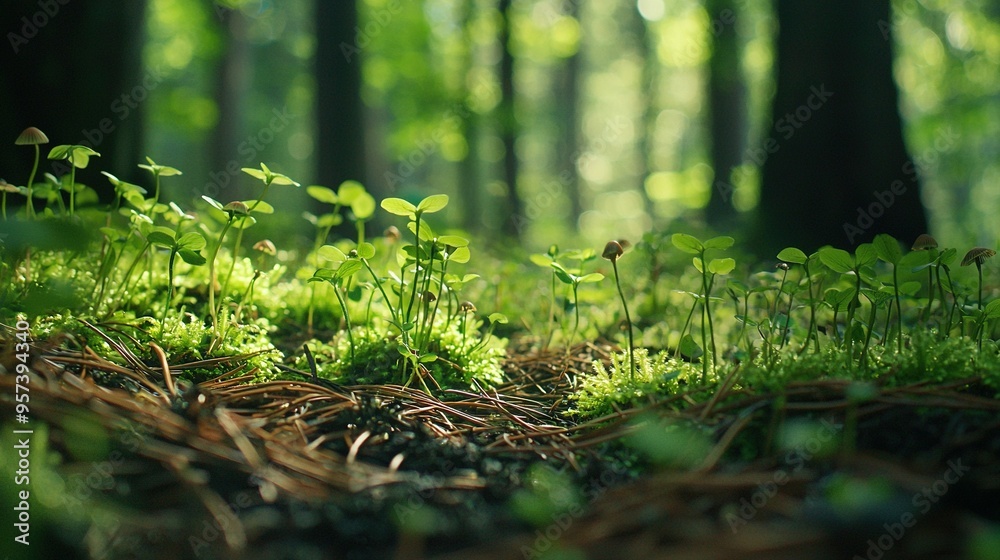 A cluster of tiny emerald foliage plants sprouting from a small area of lush green vegetation amidst a dense woodland landscape A cluster of tiny emerald foliage plants sprouting from a small area of lush green vegetation amidst a dense woodland landscape