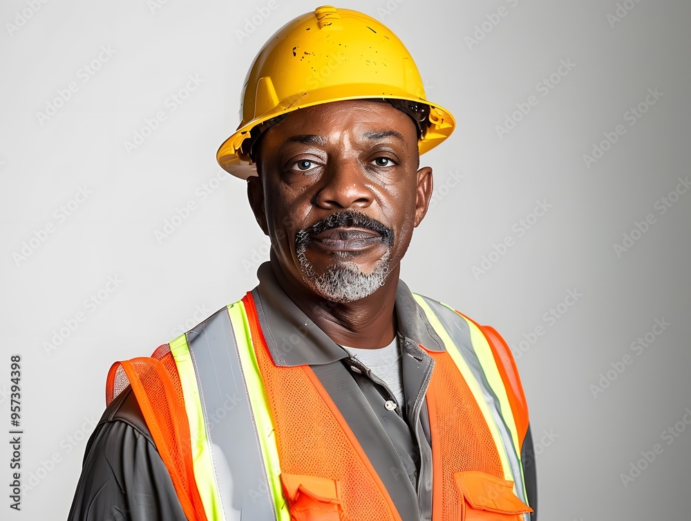 An African American man in construction attire poses An African American man in construction attire poses