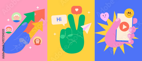 Set of influence concepts symbols from influencers. Management and leadership, control, communication and stories. Blogger content with promotion and recomendations for his followers online.Vector