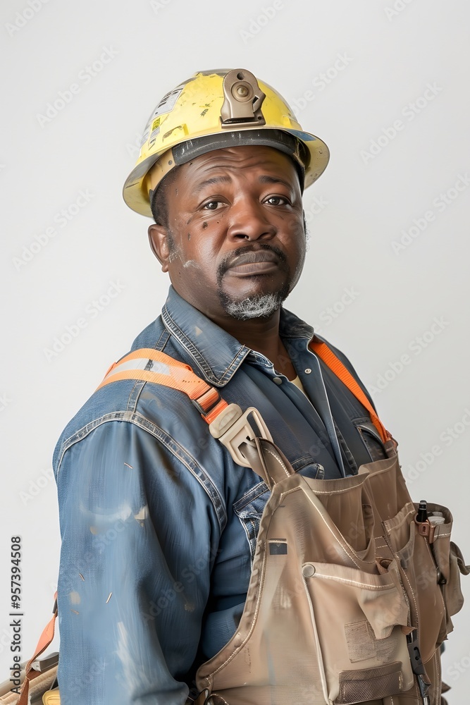 An African American man in construction attire poses An African American man in construction attire poses