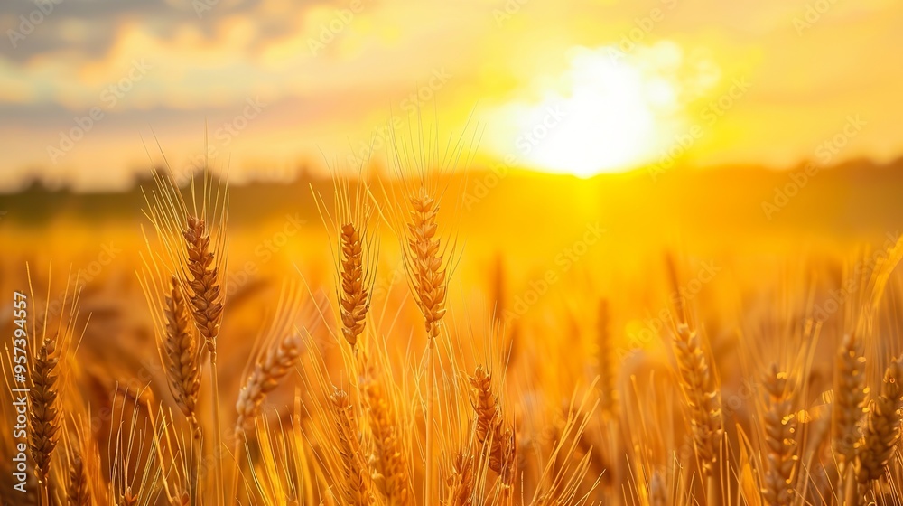 A picturesque sunset over a field of wheat, symbolizing agricultural labor A picturesque sunset over a field of wheat, symbolizing agricultural labor