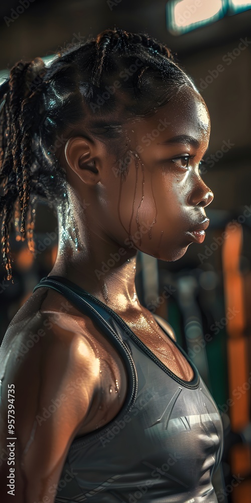 An African girl athlete exhibits strong focus and determination while working out at the gym, showcasing her dedication to fitness and motivation to achieve her goals. An African girl athlete exhibits strong focus and determination while working out at the gym, showcasing her dedication to fitness and motivation to achieve her goals.