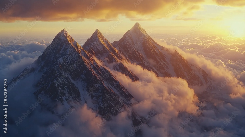 A stunning image of a mountain's summit bathed in sunlight, with fluffy clouds framing the scene A stunning image of a mountain's summit bathed in sunlight, with fluffy clouds framing the scene