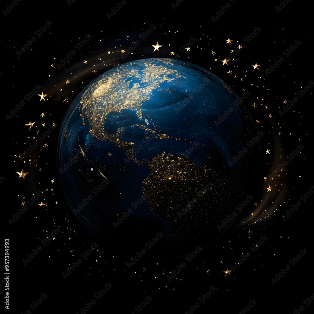 Obraz premium Elegant blue planet with golden stars, set on black background image 