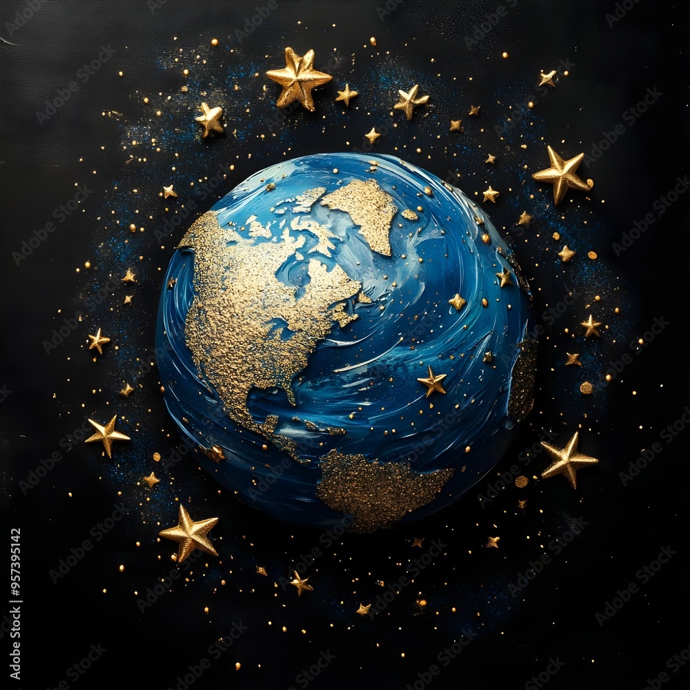 Naklejka premium Blue planet adorned with gold stars black background image