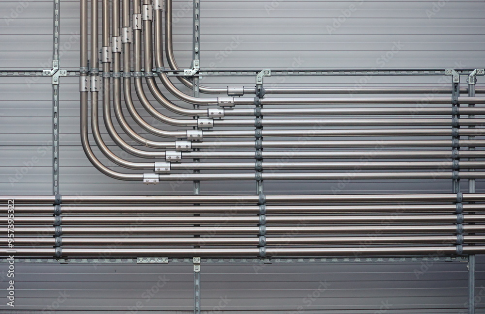 © rolfo/Stocksy - A series of pipes are hanging from the ceiling, with some