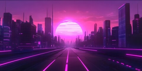 Papier peint photo Prune Synthwave retro cyberpunk style landscape background  © MR. INVINCIBLE