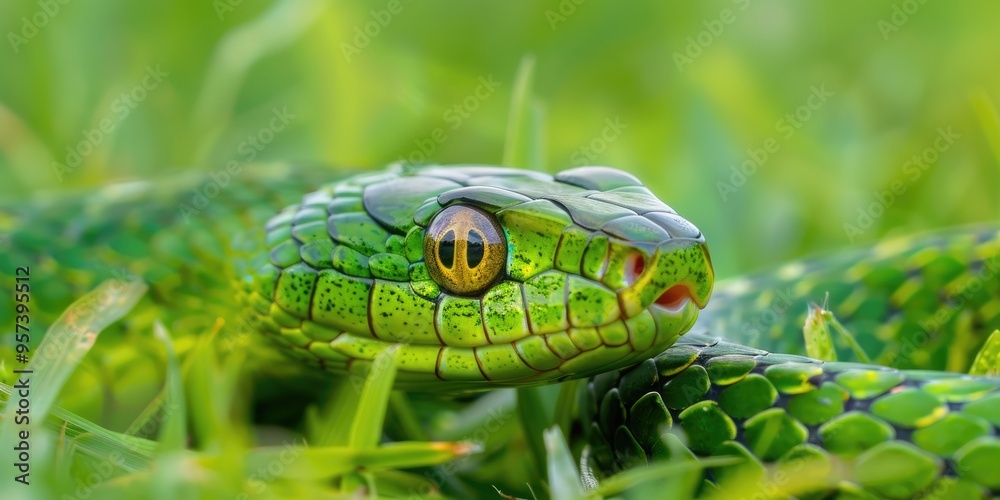 Fototapeta premium Indo Chinese Rat Snake in Close Up with Vibrant Green Scales and Intense Eye Contact Moving Gracefully Through Lush Grass in its Native Environment Key Focus on its Keeled Pattern