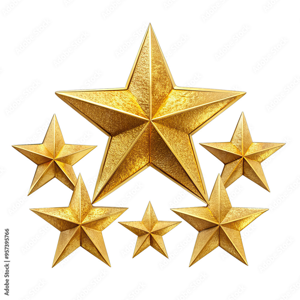 Obraz premium Six gold stars of various sizes are arranged in a cluster on a plain white background