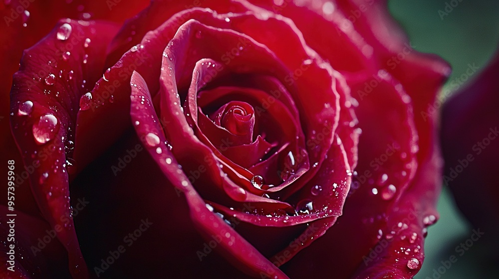 A close-up view of a red rose with water drops on its petals against a green background A close-up view of a red rose with water drops on its petals against a green background
