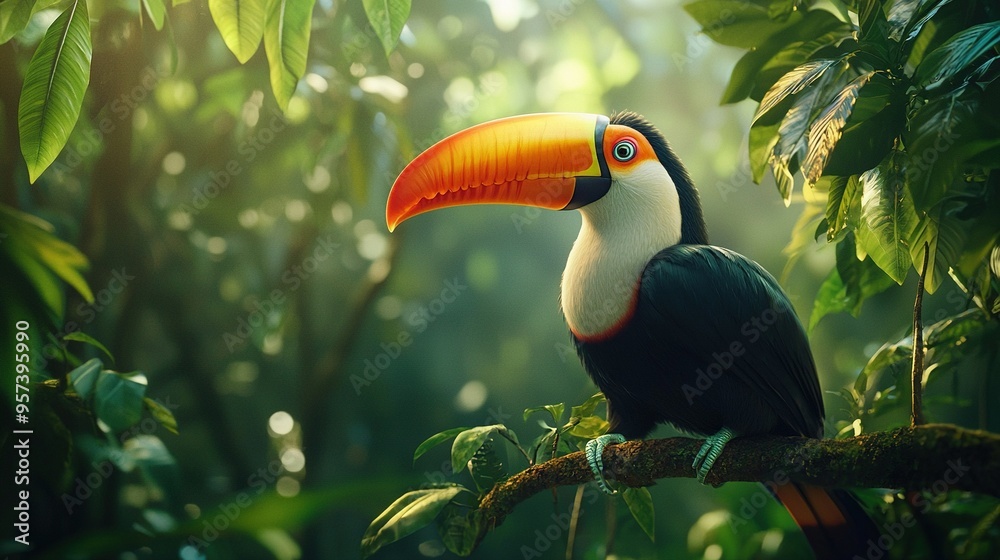 Obraz premium A toucan perched on a tree branch, surrounded by an array of lush green foliage, displaying its distinctive vibrant orange beak
