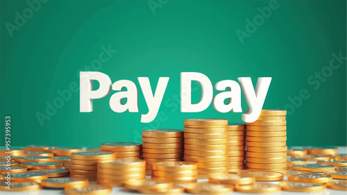 Gold coins on the background of the coins. Pay day background, stacks of coins with payday text, financial growth, 3D rendering