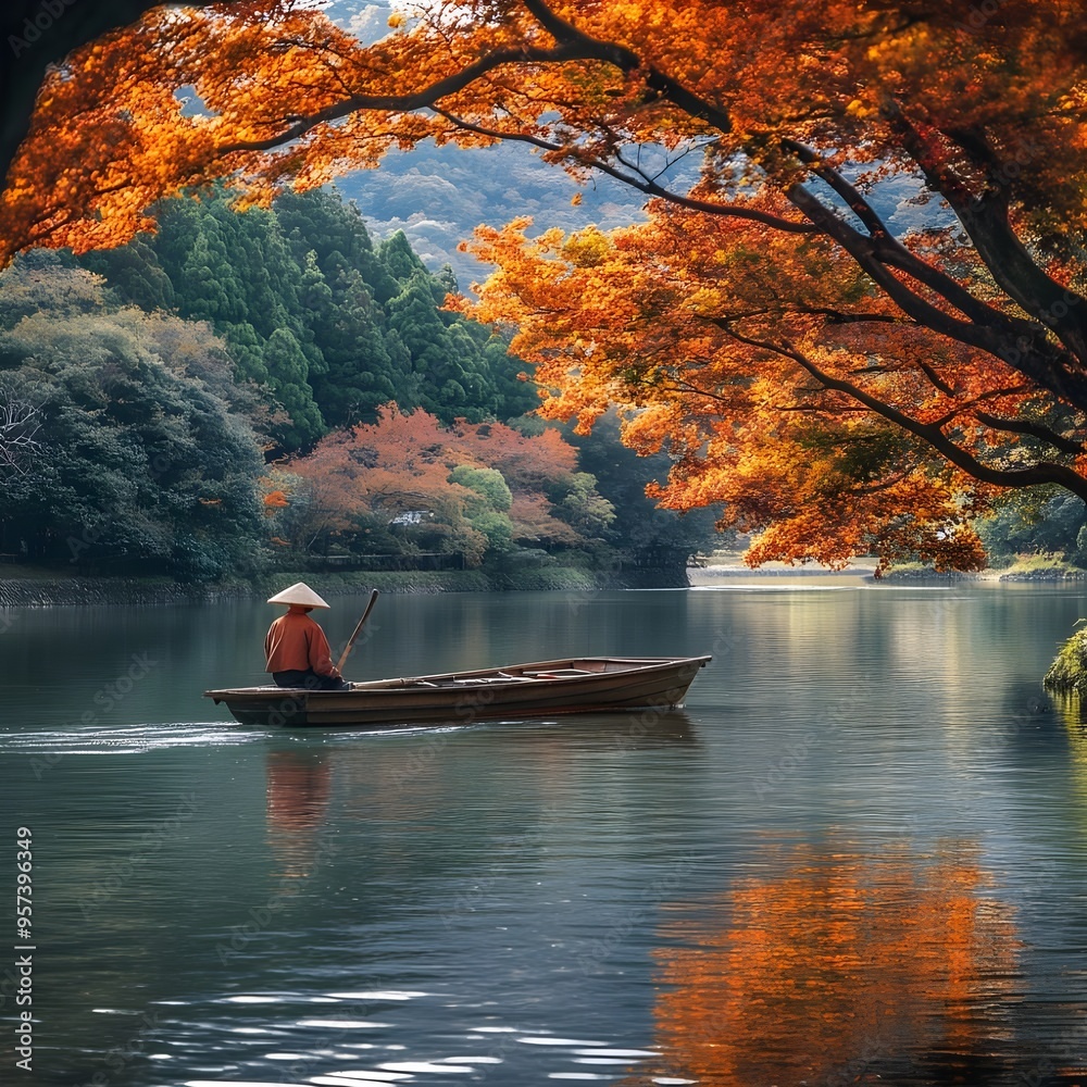 Naklejka premium Boatman punting along Arashiyama river, surrounded by serene nature