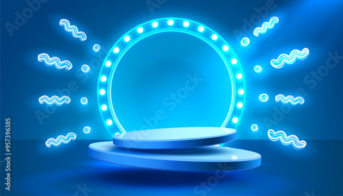 Show light, Stage Podium Scene with for Award Ceremony on blue Background. Vector illustration