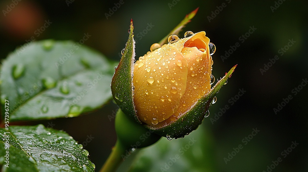Fototapeta premium A macro shot of a yellow blossom adorned with dew drops, alongside a verdant foliage sprinkled with droplets