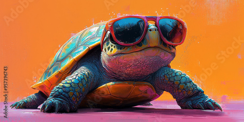 A cool turtle wearing red sunglasses on a colorful background. photo