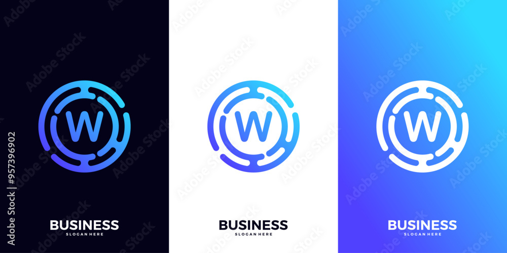 Letter W gradient tech logo design template. Abstract global symbol with circle connection logo. Letter W gradient tech logo design template. Abstract global symbol with circle connection logo.