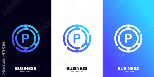 Letter P gradient tech logo design template. Abstract global symbol with circle connection logo.