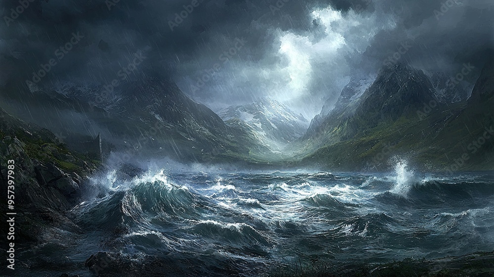 A vast water expanse with towering mountains behind it and a lone boat floating in the middle A vast water expanse with towering mountains behind it and a lone boat floating in the middle