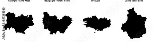 Auvergne-Rhone-Alpes, Bourgogne-Franche-Comte, Bretagne, Centre-Val de Loire outline maps