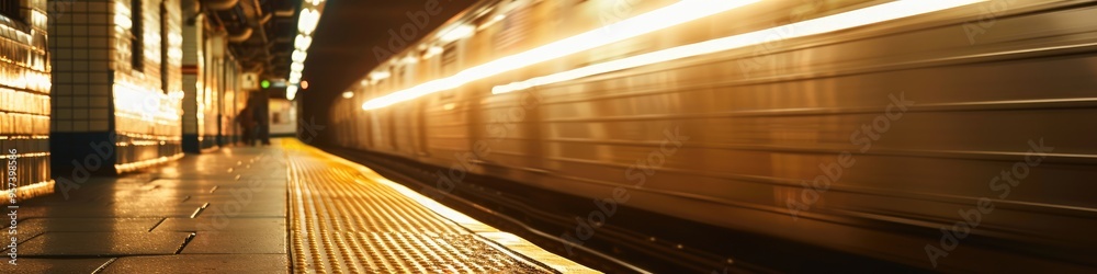 Train arriving at an empty subway station with a blurred backdrop and space for text Train arriving at an empty subway station with a blurred backdrop and space for text