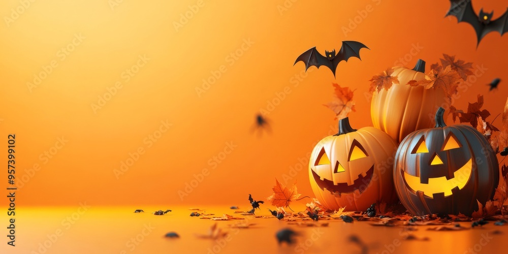 Halloween orange background with jack-o'-lantern pumpkin, black bats, and spider for seasonal banners - holiday, decoration, autumn