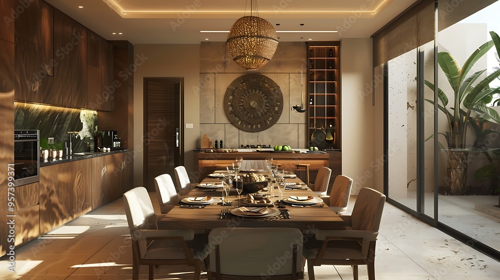 Obraz premium Feng shui dining area with balanced table setting and earth tones