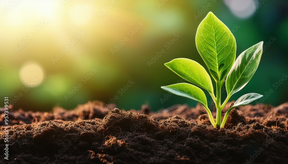 Green plant growing in good soil. Banner with copy space. Agriculture, organic gardening, planting or ecology concept. Young sprouts, seedlings growing. New life concept Green plant growing in good soil. Banner with copy space. Agriculture, organic gardening, planting or ecology concept. Young sprouts, seedlings growing. New life concept