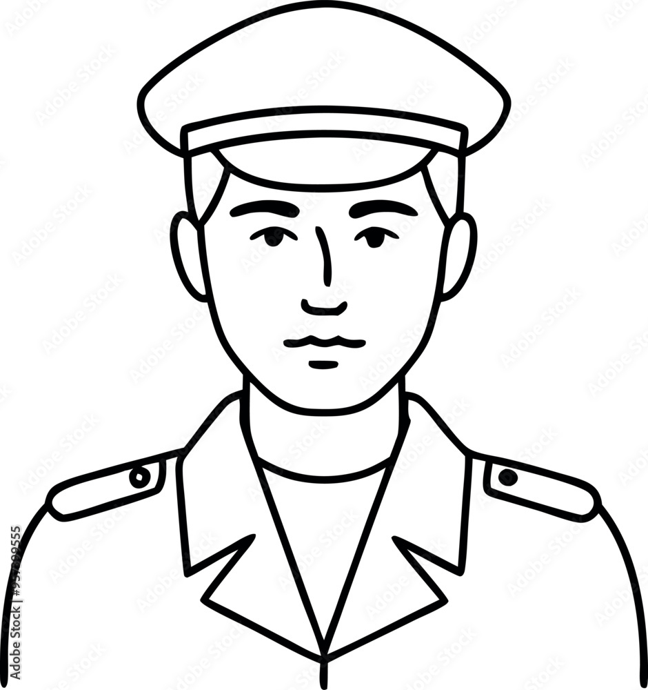 Minimalistic Black and White Line Drawing of Uniformed Individual in Peaked Cap Minimalistic Black and White Line Drawing of Uniformed Individual in Peaked Cap