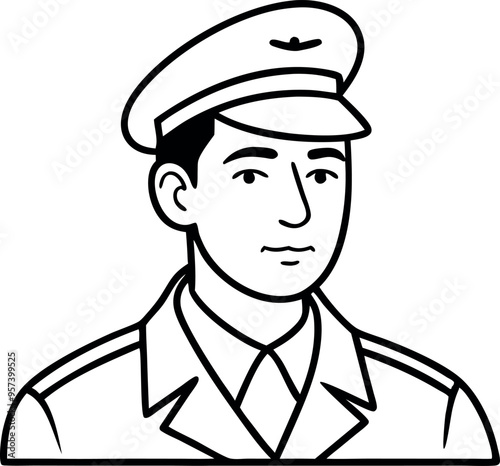 Black and White Line Drawing of a Man in Military Uniform with Peaked Cap