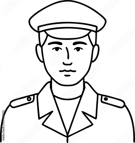 Minimalistic Black and White Line Drawing of Uniformed Individual in Peaked Cap