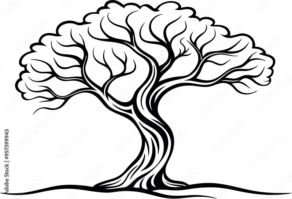 Abstract Black and White Line Drawing of a Stylized Tree with Curving Trunk