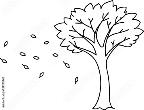 Minimalist Black and White Line Drawing of a Tree Shedding Leaves