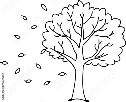 Minimalistic Black and White Line Drawing of a Tree with Falling Leaves