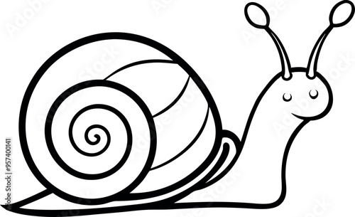 Cartoon Snail Line Drawing Illustration Isolated on White Background with Simple Spiral Shell Design