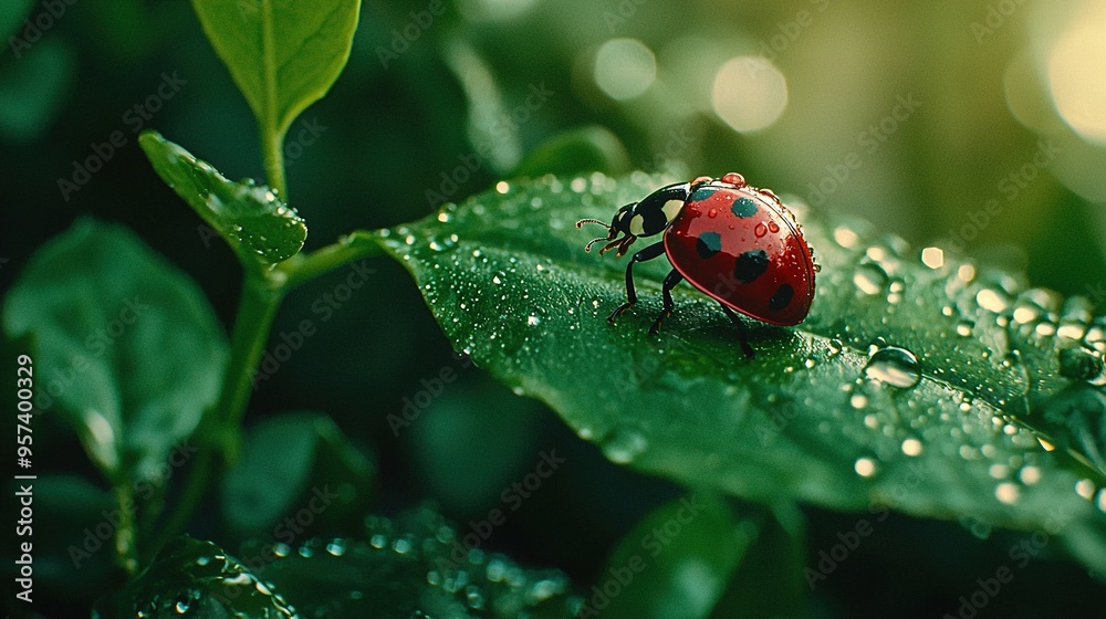   A ladybug perched atop a verdant foliage, dotted with dew, during a bright and showery afternoon