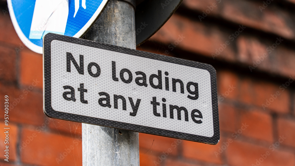 Obraz premium Close-up of a 'No Loading at Any Time' Sign on a Metal Pole Against a Brick Wall