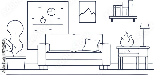 continuous single line drawing of corner sofa near fireplace. Scandinavian home interior design of modern living room, line art vector illustration