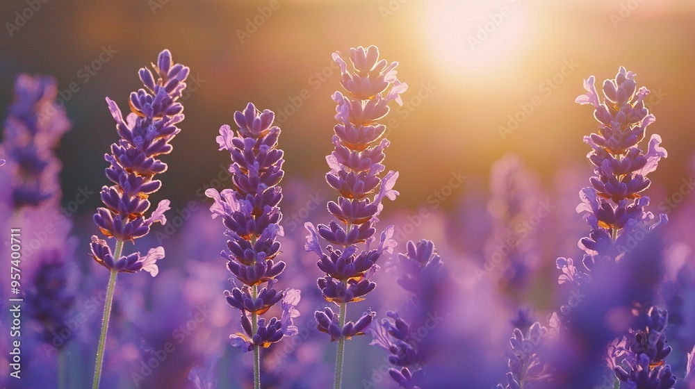 A vibrant image of lavender flowers bathed in sunlight, with soft clouds framing the background A vibrant image of lavender flowers bathed in sunlight, with soft clouds framing the background