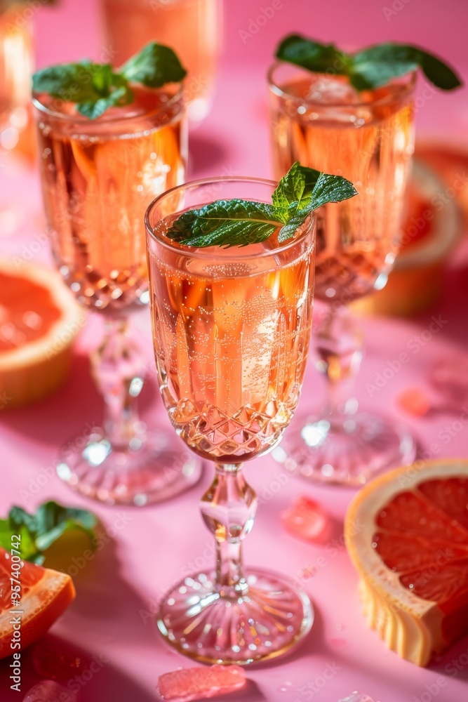 Champagne, rose sparkling wine, or paloma cocktails with mini eclairs a pink background, garnished