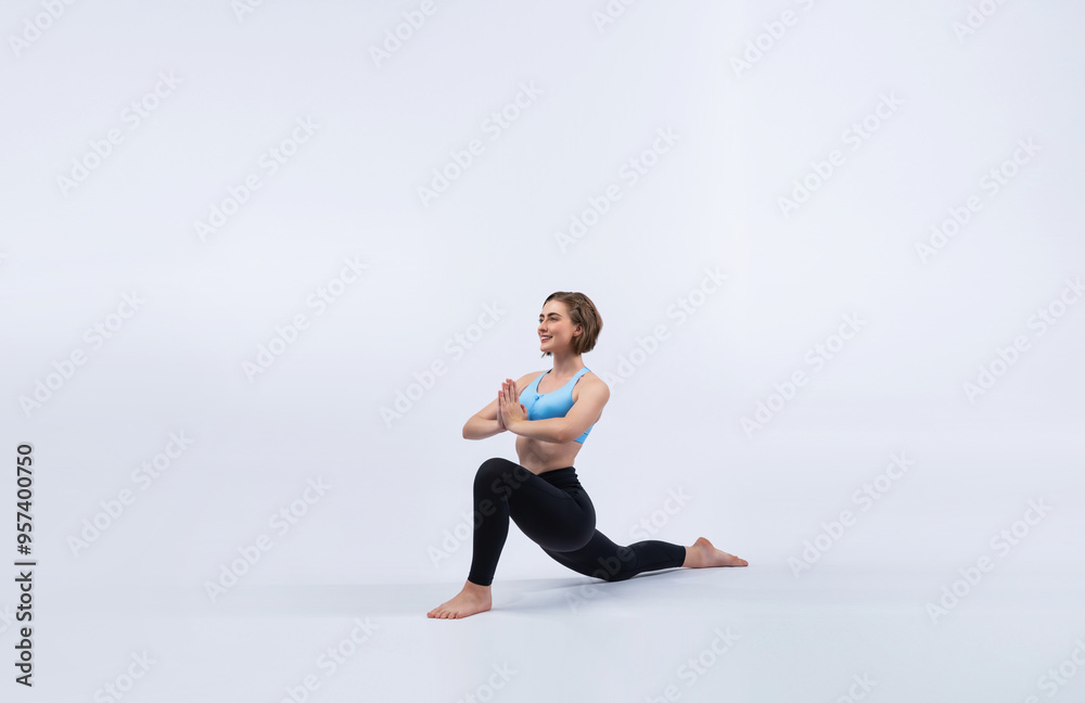 Full body length gaiety shot athletic and sporty woman doing healthy and meditative yoga exercise workout posture on isolated background. Healthy active and body care lifestyle Full body length gaiety shot athletic and sporty woman doing healthy and meditative yoga exercise workout posture on isolated background. Healthy active and body care lifestyle