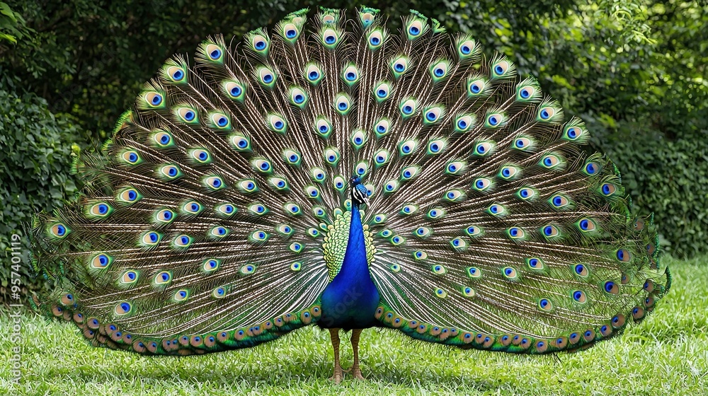 Obraz premium Peacock with spread-out feathers on a grassy field surrounded by trees