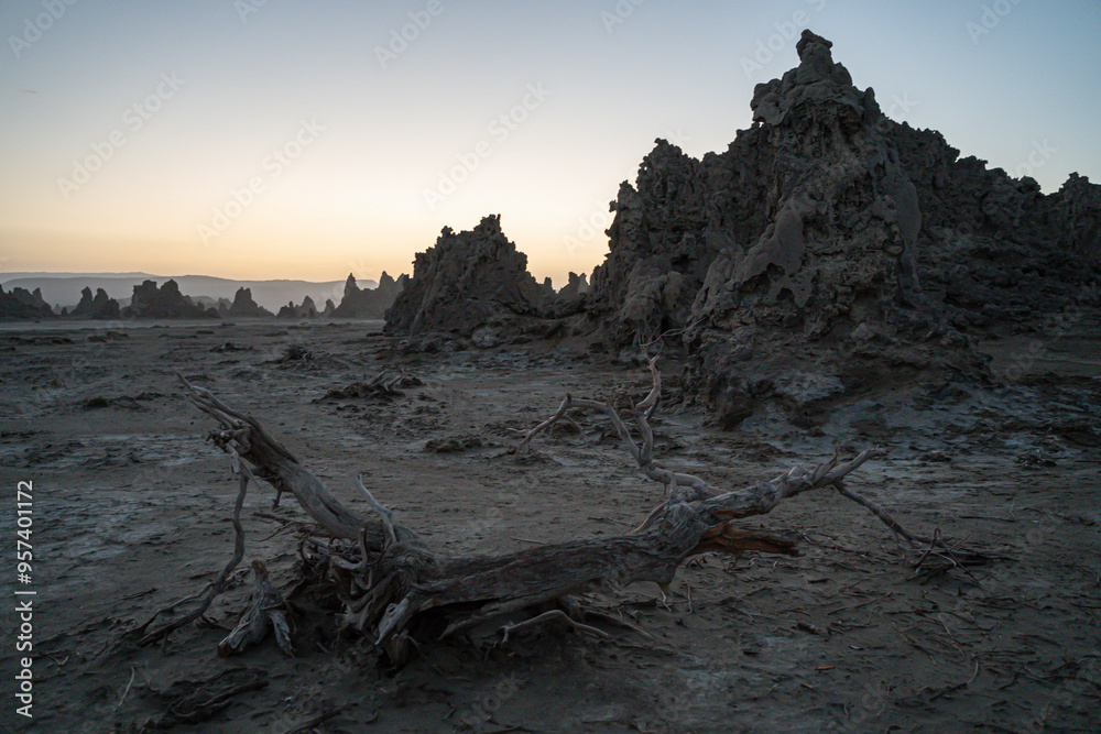 Sunrise around the volcanic chimneys of Lake Abbe (Lac Abbe Bad), Djibouti