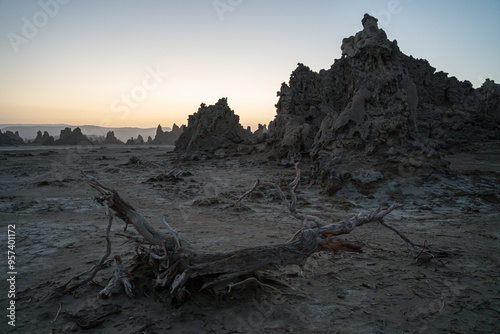 Obraz na płótnie Sunrise around the volcanic chimneys of Lake Abbe (Lac Abbe Bad), Djibouti w salonie