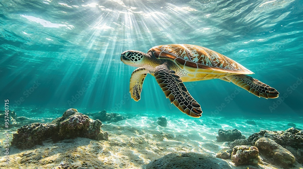 Obraz premium Sea Turtle Swimming in Sunlight